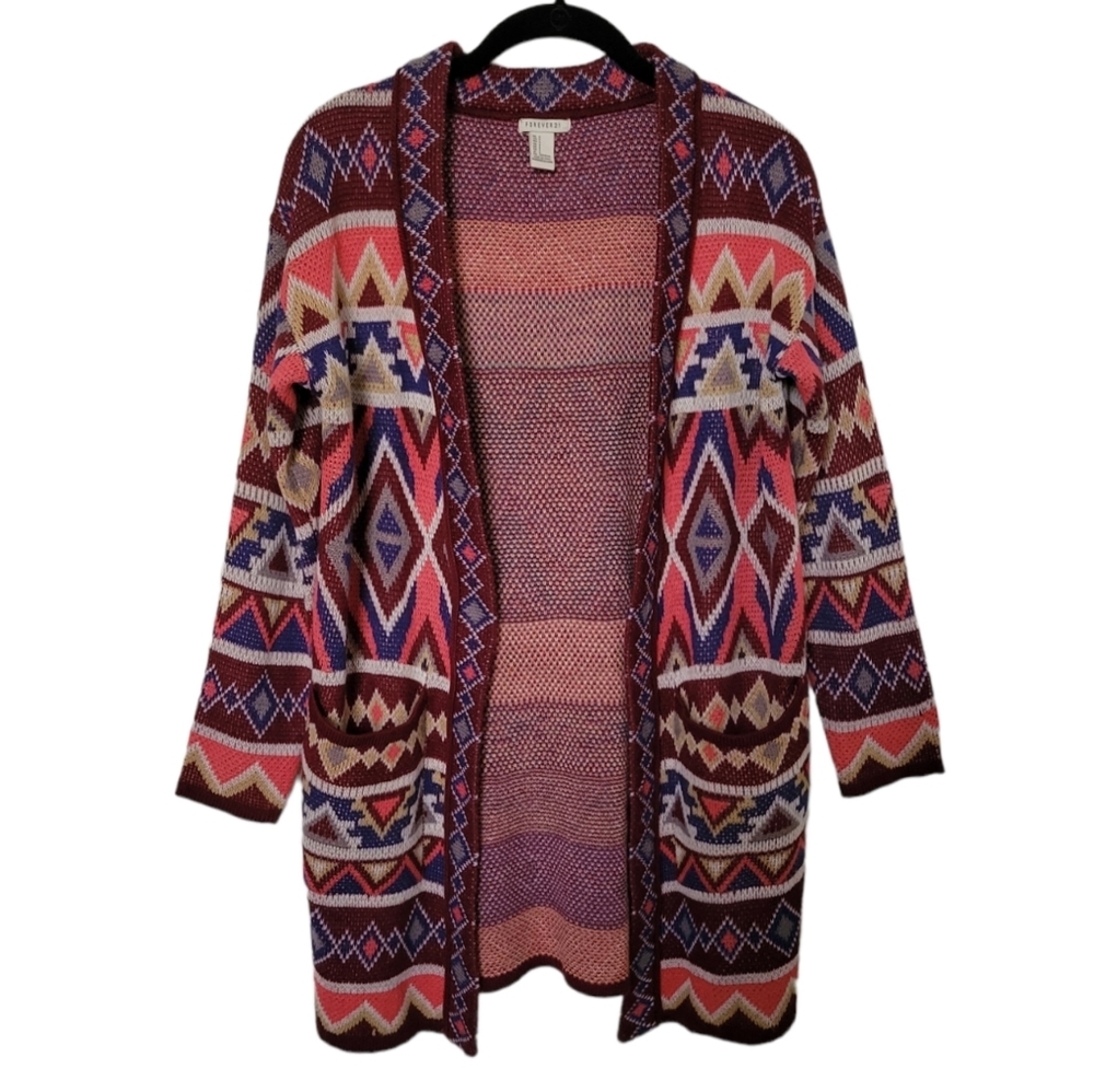Aztec south western colorful crochet knit long Cardigan size S